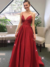 Burgundy A-Line Spaghetti Straps Simple Long Prom Gown